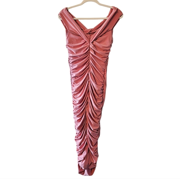 Club L London Pink Maternity Bardot Knot Ruched Cocktail Midi Dress Size US 10. - Picture 7 of 12